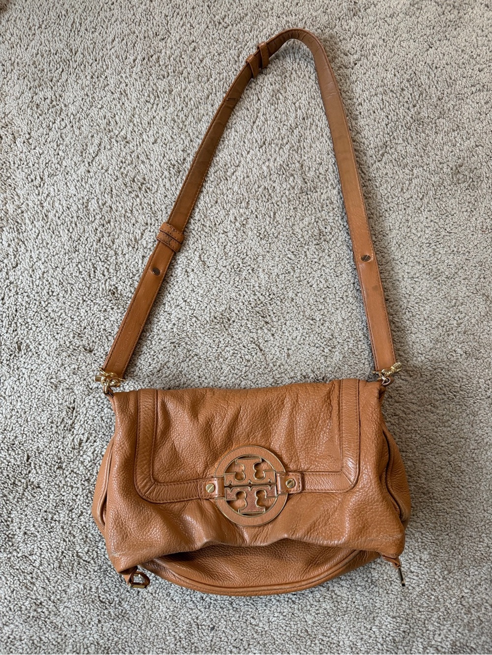 Tory Burch Cognac Pebbled Leather Amanda Foldover Crossbody bag